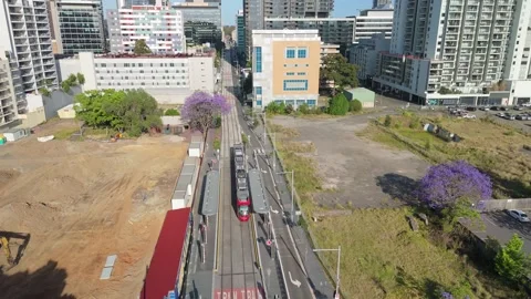 Aerial drone view of a light rail vehicle at Parramatta in Western Sydney, NSW Stock-Footage 291517880