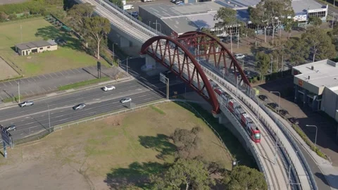 Aerial drone view of a light rail vehicle at Parramatta in Western Sydney, NSW Stock Footage 291522451