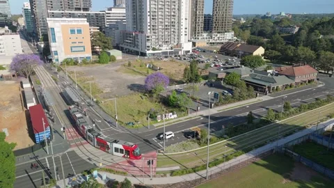 Aerial drone view of a light rail vehicle at Parramatta in Western Sydney, NSW Video stock 291524527