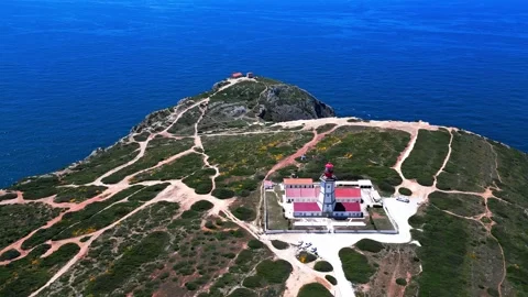 Aerial Drone View of Lighthouse on Steep Coastal Cliffs Above Deep Blue Stockbeeldmateriaal 336747442