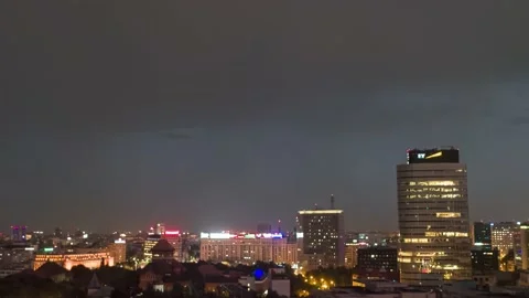 Aerial drone view of lightning flashes during a Thunderstorm over Bucharest City Stock Footage