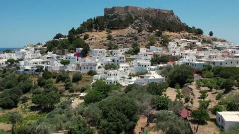 Aerial Drone View of Lindos Acropolis Ruins and White Village, Rhodes, Greece Stock Footage 343319017