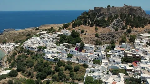 Aerial Drone View of Lindos Acropolis Ruins and White Village, Rhodes, Greece Stock Footage 343319046