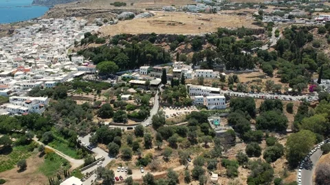 Aerial Drone View of Lindos Acropolis Ruins and White Village, Rhodes, Greece Stock Footage 343319047