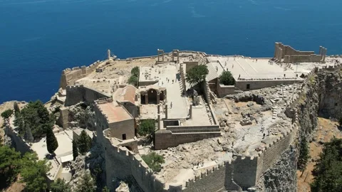 Aerial Drone View of Lindos Acropolis Ruins and White Village, Rhodes, Greece Stock Footage 343319392