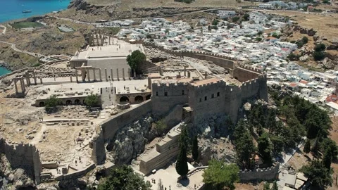 Aerial Drone View of Lindos Acropolis Ruins and White Village, Rhodes, Greece Stock Footage 343319496