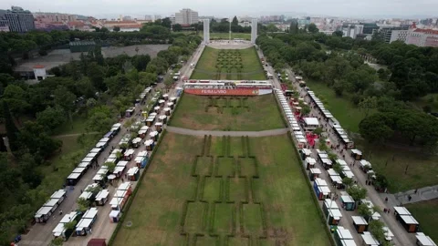 Aerial drone view of the Lisbon Book Fair, also known as Feira do Livro Stock Footage 242273085