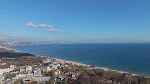 Aerial drone view of long sandy beach and blue sea Stock Footage 324529650