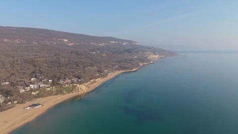 Aerial Drone View Of Long Sandy Coastline And Calm Sea Stock Footage 330105634
