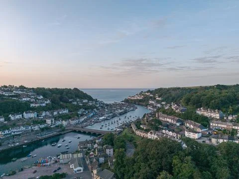Aerial Drone View of Looe Harbour Bridge and Estuary at Early Morning Sunrise Stock Photos