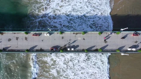 Aerial drone view Looking down on Manhattan Beach Pier with Christmas trees Stock Footage 321425781
