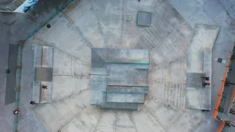 Aerial Drone view looking down on Redondo Beach Skate Park at Sunset Stock-Footage 330440507