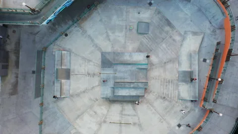 Aerial Drone view looking down on Redondo Beach Skate Park at Sunset Video stock 330440618