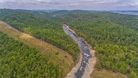 Aerial Drone View Looking Down at River and Forest in Broken Bow Oklahoma Stock Photos
