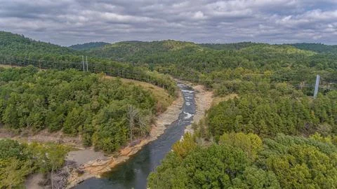 Aerial Drone View Looking Down at River and Forest in Broken Bow Oklahoma Stock Photos