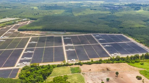 Aerial drone view looking downwards into large solar panels at a solar farm. Stock Footage 117974038