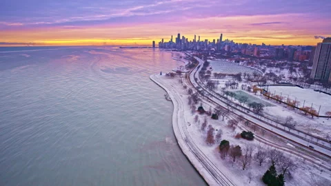 Aerial drone view of the Loop in Chicago during a cold winter dawn. Stock Footage 332131403