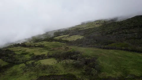 Aerial drone view of lush mountain plains with mist Reunion Island Stock Footage 317883673