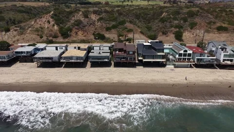 Aerial Drone View Luxury Beachfront Homes Malibu Coast, California (20260609) Stock Footage 337004336