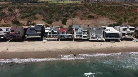 Aerial Drone View Luxury Beachfront Homes Malibu Coast, California (20260609) Stock Footage 337004378