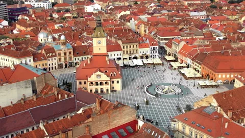 Aerial drone view of main central square in Brasov at night, Romania. Old city Stock-Footage 203905079