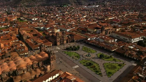 Aerial drone view of the main square of Cusco town - Plaza de Armas. Peru, South Stock Footage 105880052