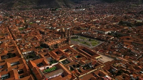 Aerial drone view of the main square of Cusco town - Plaza de Armas. Peru, South Stock Footage 105880098