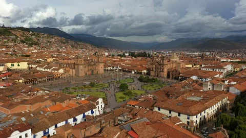 Aerial drone view of the main square of Cusco town - Plaza de Armas. Peru, South Stock Footage 105880929