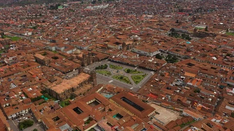 Aerial drone view of the main square of Cusco town - Plaza de Armas. Peru, South Stock Footage 105881037