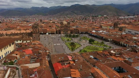 Aerial drone view of the main square of Cusco town - Plaza de Armas. Peru, South Stock Footage 105881135