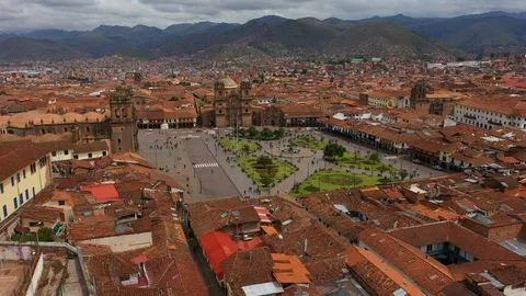 Aerial drone view of the main square of Cusco town - Plaza de Armas. Peru, South Stock Footage 105881185