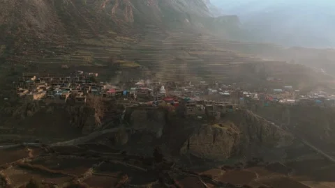 Aerial drone view of Manang’s peaceful morning under the Himalayan mountains. Stock Footage 311018764