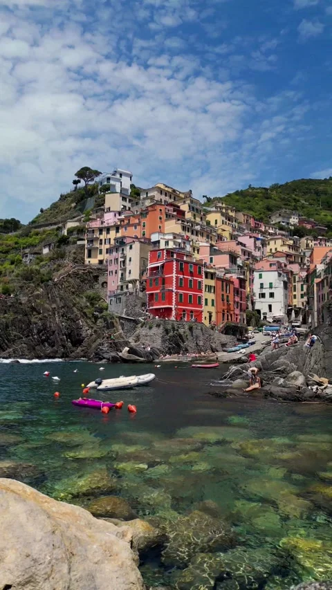 Aerial Drone View of Manarola Harbour Cinque Terre Italy Summer 4K Stock Footage 329054273