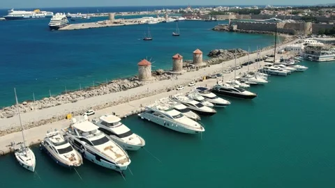 Aerial Drone View of Mandraki Harbour and Doe Statues in Rhodes, Greece Stock Footage 343319073