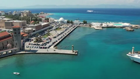 Aerial Drone View of Mandraki Harbour and Doe Statues in Rhodes, Greece Stock Footage 343319117