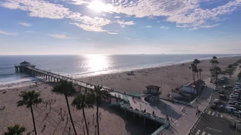 Aerial Drone View of Manhattan Beach, California Pier and Coastline Видео 340656905