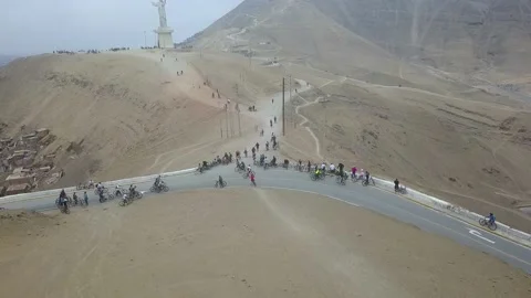 Aerial drone view of many cyclists in the Morror Solar, Chorrillos, Lima, Peru Stock-Footage 142144782