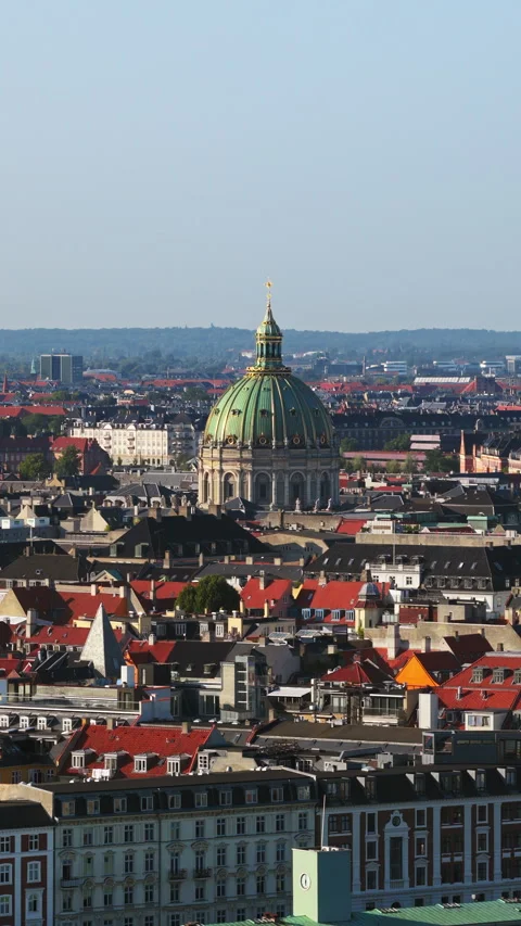 Aerial drone view of the Marble Church in Copenhagen, with its iconic green dome Stock Footage 318678853