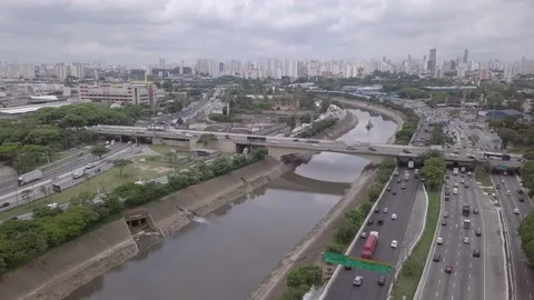 Aerial drone view of the Marginal Tietê Avenue car traffic, São Paulo, Brazil. Stock Footage 150891434