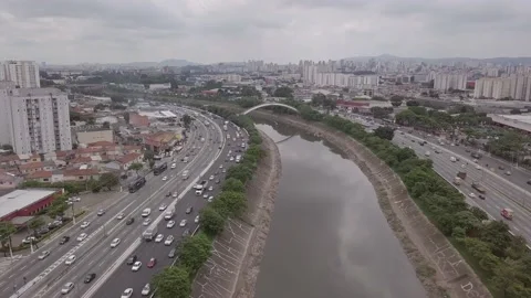 Aerial drone view of the Marginal Tietê Avenue car traffic, São Paulo, Brazil. Stock Footage 150891560
