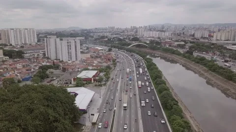 Aerial drone view of the Marginal Tietê Avenue car traffic, São Paulo, Brazil. Stock Footage 150891607