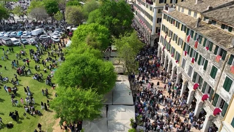Aerial Drone View of Massive Crowds Gathered at the Historic Liston and Stock Footage 333722983