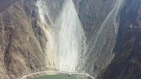 Aerial drone view of the massive Daliusha landslide along Bingchacha Highway Stock-Footage 345838950