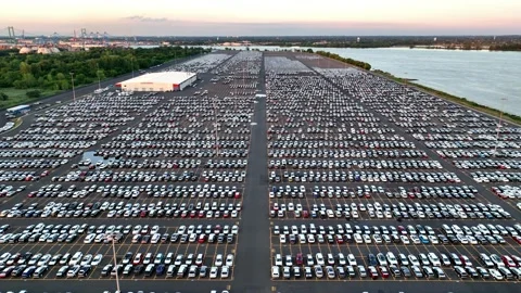 Aerial Drone View of a Massive Parking Lot with New Cars at Port of Philadelphia Video stock 204503368