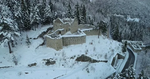 Aerial drone view of medieval Predil fortress in Slovenia Stock Footage 144787428