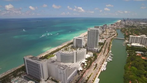 Aerial drone view Miami beach coastline buildings, high altitude Stock Footage