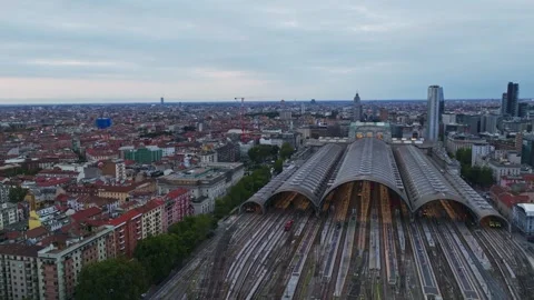 Aerial drone view of Milano Centrale Railway Station in Milan, Italy Stock Footage 346767001