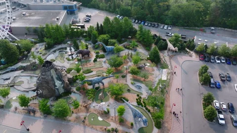 Aerial drone view of mini golf park and parking area in Niagara Falls, Canada Stock Footage 316356669