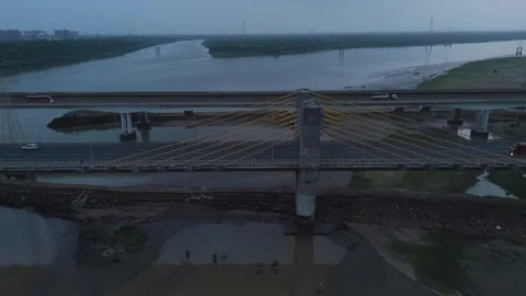 Aerial drone view of modern cable stayed bridge and transportation infrastru Stock Footage 345464537