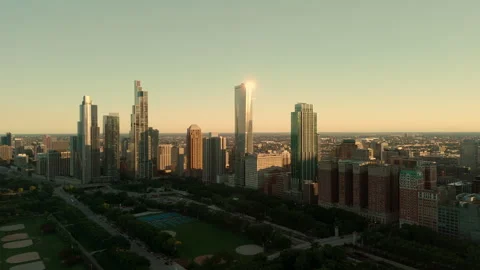 Aerial drone view of the modern Chicago skyline during golden hour. Panoramic Video stock 340122835